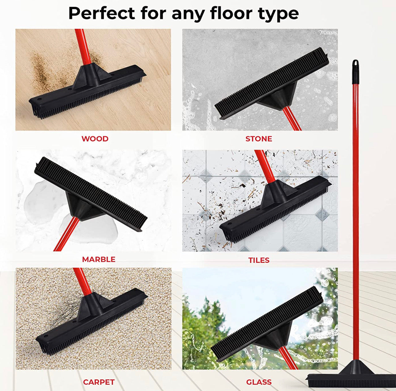 Forever Broom infographic showing various surfaces to use on - marble, tile, vinyl, linoleum, concrete, etc! 