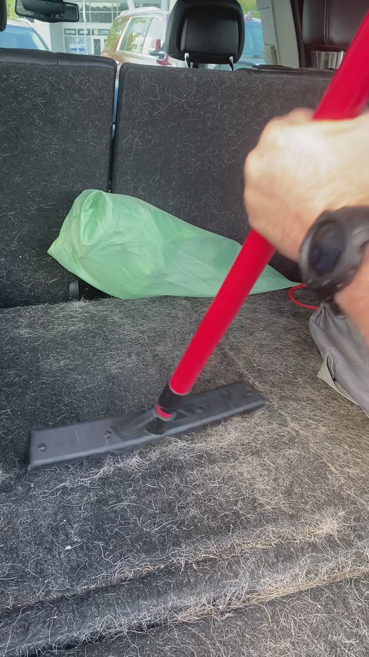 Customer submitted video of them using Forever Broom (as a carpet rake) in their German Shepherd hair-covered car. After gathering it all together with the broom, They later used Forever Sticky to remove it all.